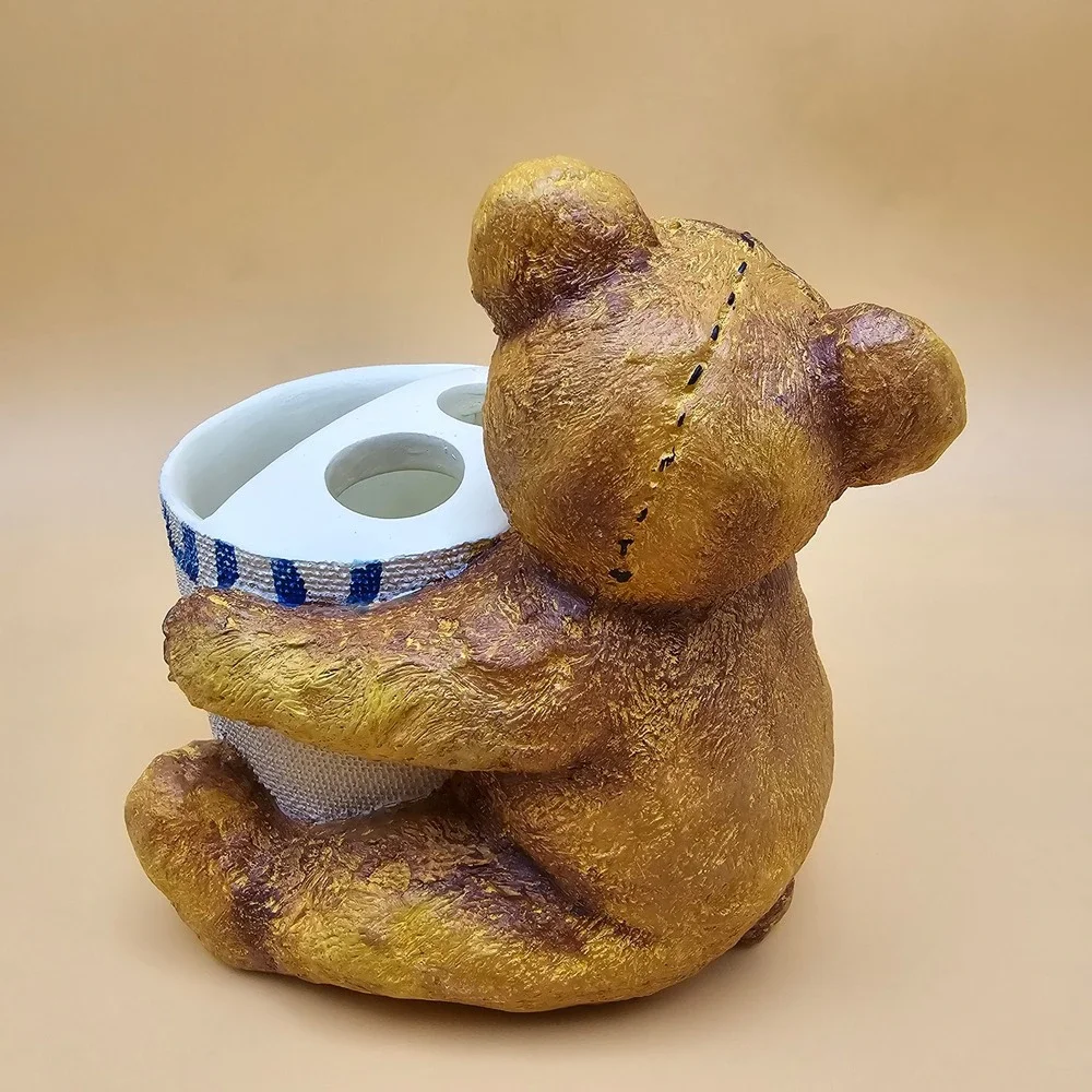 Adorable Cuddle Bear Toothbrush Holder Blue White Check Teddy Bathroom Organizer